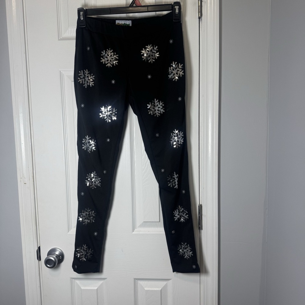 Women's Tipsy Elves Black Silver Sequin Snowflake Christmas Leggings SZ S Small